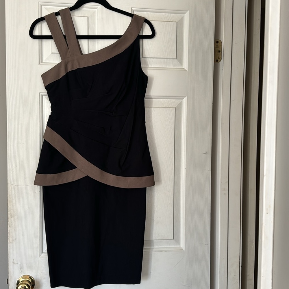 Joseph Ribkoff black Taupe Ruched Pleats Stretchy Sleeves Dress Size 8